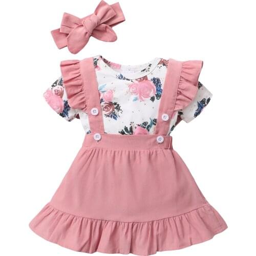 3Pcs Baby Girl Clothes Set Newborn Baby Short Sleeve Romper Pink Floral Suspender Skirt Hair Band 0-24 Months Girls Dresses s