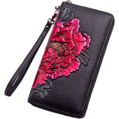Ethnic style Cowhide leather ladies wallet retro handmade painted zipper bag multifunctional long card holder wallet coin purse