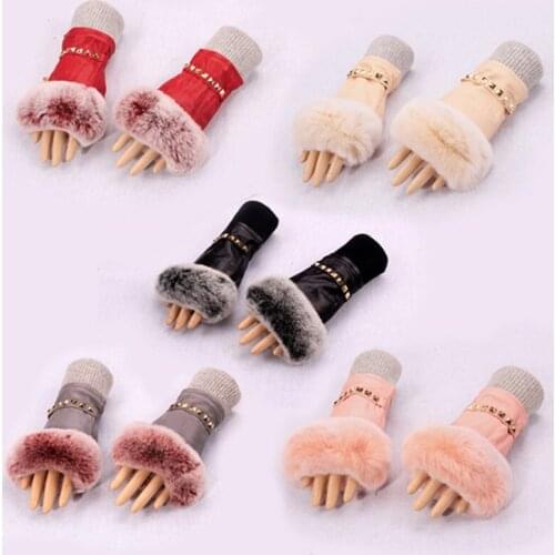 Cute Ladies Half Finger sheepskin Gloves Fashion Multicolor Rex rabbit fur Gloves Driving Writing Student Warm Gloves MK58-5