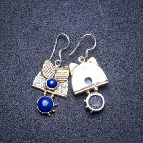 Natural Two Tones Lapis Lazuli Handmade Unique 925 Sterling Silver Earrings 1.5" X4221