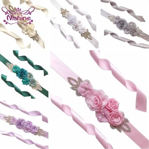 Nishine Hand Sewning Beads Flowers Women Sash Solid Color Roast Floral Maternity Belt Shining Rhinestone Waistband Girls Gifts