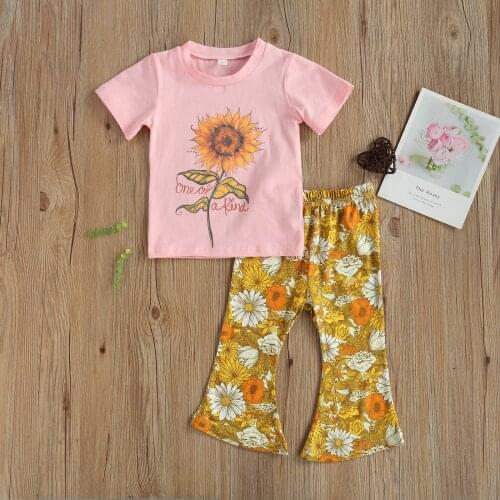 1-6Y Summer Kids Girls Clothing Set Flower Print Short Sleeve Tops and Flared Pants 2PCS Suit for Vacation Birthday Party