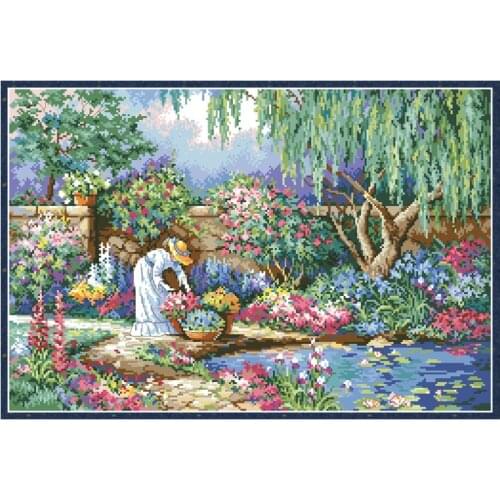 Garden Girl Cross Stitch Patterns Embroidery Kits Printed Fabric Needlework Set 11CT 14CT DIY Handmade Home Decoration Paintings