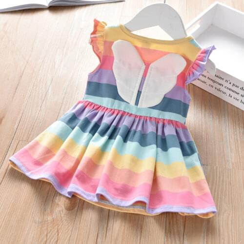 Baby Girls Dress 2021 Summer New Children Cotton Rainbow Stripes A-Line Dresss with wings Kids daughter Princess Dresses 2-6T