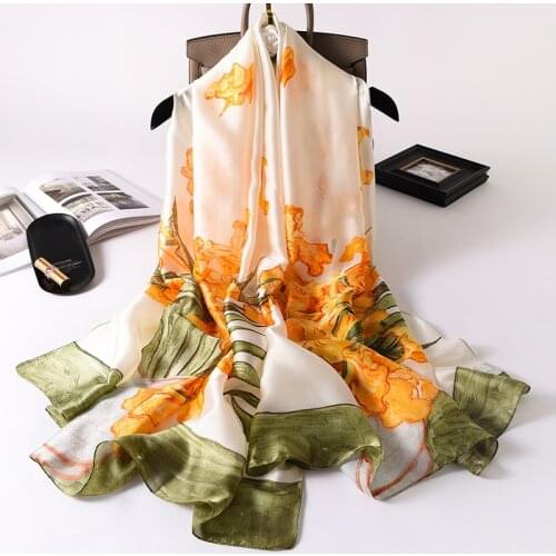 2020 Autumn Fashion Women Silk Scarves Abstract Florals Print Pashmina Shawls Wraps Long Bandana Foulard Femme Muslim Hijab Caps