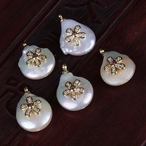 Gold tiny white cz crystal flower charms real freshwater pearl bead pendant charm for diy jewelry findings for choker earring