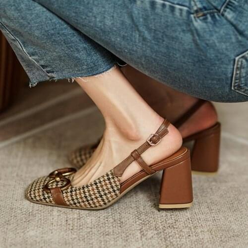 LMCAVASUN French retro metal buckle toe sandals women New spring summer thick heel high heels