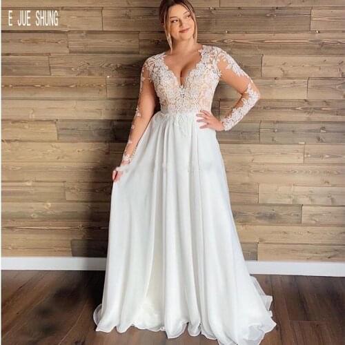 E JUE SHUNG Modern Chiffon Boho Wedding Dresses Deep V Neck Long Sleeves Illusion Lace Appliques Button Back Wedding Gowns