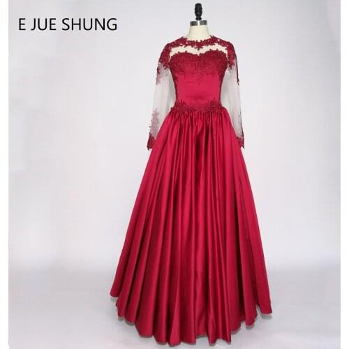 E JUE SHUNG Dark Red Lace Appliques Long Sleeves Wedding Dresses 2017 O-neck Sheer Back Wedding Gowns trouwjurk