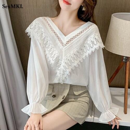 Vintage Lace Patchwork White Blouses 2021 Elegant Fashion Long Sleeve Chiffon Shirts French Y2k Loose Ladies Tops Blusas Mujer