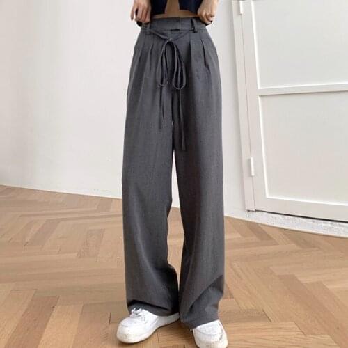 Spring Autumn Wide Leg Pants Women Elastic Waist Pants Elegant Office Ladies Khaki Trousers Plus Length black 2021