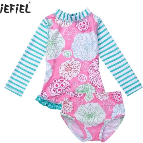 2Pcs Floral Printed Spliced Girls Swimwear Cute Long Sleeve Kids Girls Tankini Seperate Bathing Suit Set Tops with Bottoms
