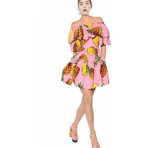 2017 Runway Designer New Summer Mini Dress Womens Ruffles Sleeves Elastic Sashes Pineapple Print Slash Neck Pink Dress
