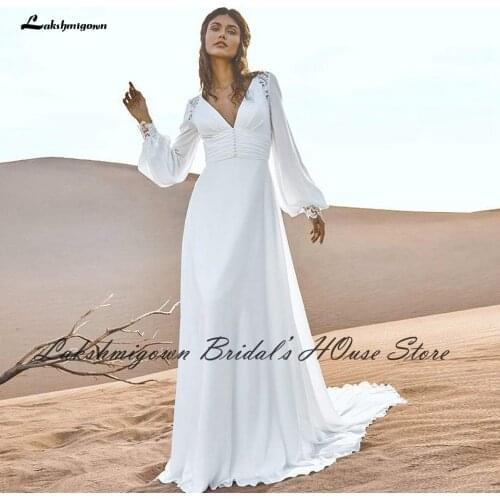 Vestido Novia Vintage Boho Wedding Dress Puffy Long Sleeve Simple A Line Bridal Wedding Gowns Robe de Mariee Courte 2022
