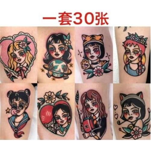 30 Pieces /Set Old School Waterproof Female Long-lasting Dark Beautiful Girl Cartoon Temporary Tattoo Stickers