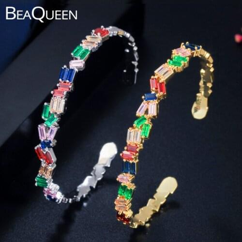 BeaQueen Trendy Adjustable Irregular Baguette Cubic Zircon Crystal Rainbow Bracelets Bangles for Women Dubai Gold Jewelry B175