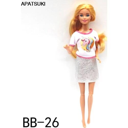 White Fashion Doll Clothes For Barbie Doll Outfits Cartoon Horse Shirt & Silver Skirt 1/6 Dolls Accessories Toys For Children