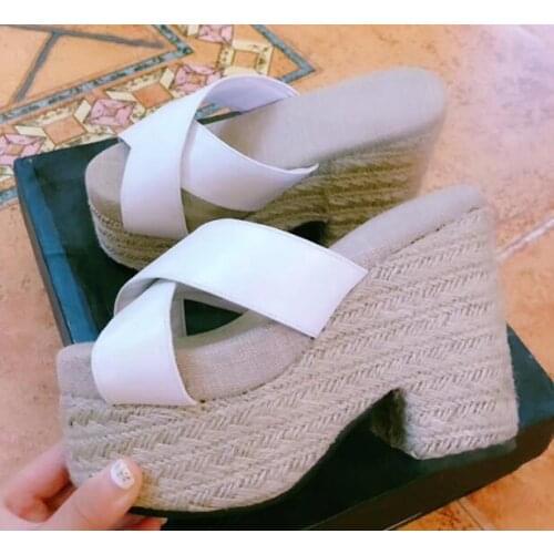 Carpaton Hot Selling White Leather Platform Sandals for Woman Rope Braided Thick Heels Summer Slides Sexy Peep Toe Cutouts Shoes