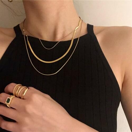 CHUANGU 3 Pcs/Set Snakebone Chains Necklaces Wide Flat Layered Necklaces Vintage Trendy Statement Necklaces For Women Jewelry