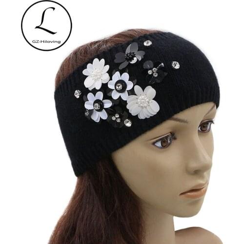 GZHILOVINGL Quality Winter Wool Soft Designer Headband Women Girls Hair Accessories Diy Flower Elastic Rhinestone Wide Headbands