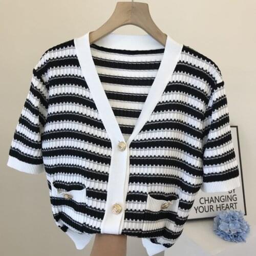 Hit Color Patchwork Knit Sweater stripe Cardigans Women V Neck Long Sleeve Single Breast Pull Femme Coat Spring 2021 New Sueter