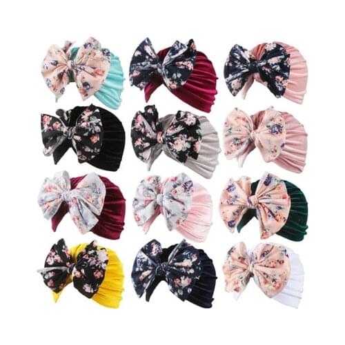 Fashion Baby Headbands Soft Velvet Newborn Bowknot Printed Color Turban Caps Christmas Bow Baby Hats