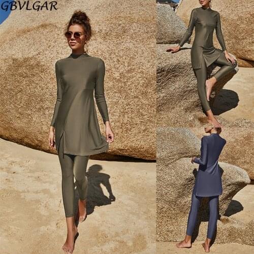 Muslim Swimwear 2021 Women Full Sleeve Bathing Suit Two Piece Sets Female Solid Color Side Slit Swimsuit 2pcs Islamic Burkinis