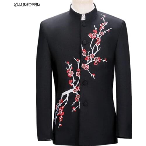 Plum Blossom Floral Embroidery Men Tunic Suit Jacket Mandarin Collar Chinese Style Stage Costume Single Breasted Mens Coat Black