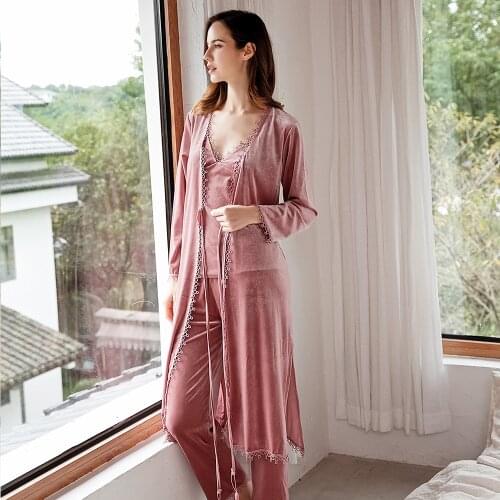 Sexy 3PCS Pajamas Set Women AutumnWinter New Nightwear Velour Sleepwear Kimnon Bathrobe Gown Home Clothing Long Sleeve Nightwear