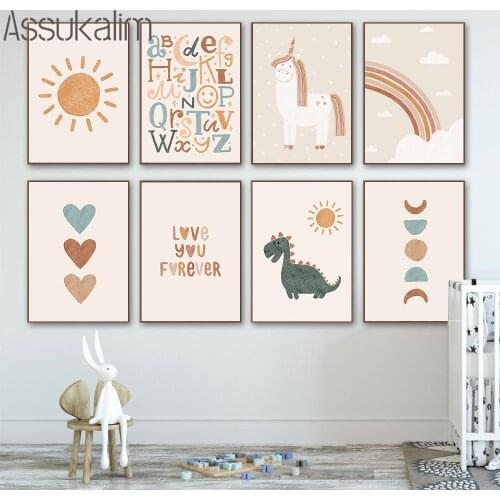 Dinosaur Posters Unicorn Print Sun Rainbow Canvas Prints ABC Poster Nursery Painting Nordic Wall Pictures Baby Room Boho Decor