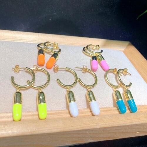5Pairs Gold Plated Rainbow Multicolor Neon Enamel Pill Charm Hoop Huggie Earrings 2021 Female Dangle Earring Gifts