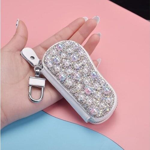 Luxury Diamond Pearl Car Key Case Cover Genuine Leather Rhinestones Universal Size Key Shell for Mercedes Benz BMW Audi Hyundai