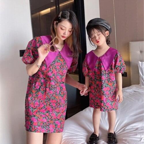 Rose Red Korean Mother and Daughter Dress Turn Down Collar Floral Long Dress for Family Matching Clothing Mommy and Me Dresses