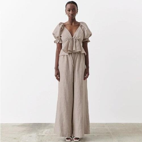 Cotton Linen Leaking Back V-neck Puff Sleeve Short-sleeved Shirt Womens Wide Leg Pants Were Thin Trousers Two Piece Suit
