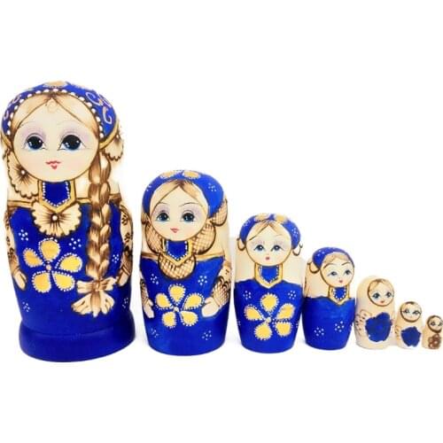 T5EC 7pcs Blue Russian Nesting Dolls Wooden Matryoshka Toys for Children Kids Christmas Home Room Decoration Halloween Wishing