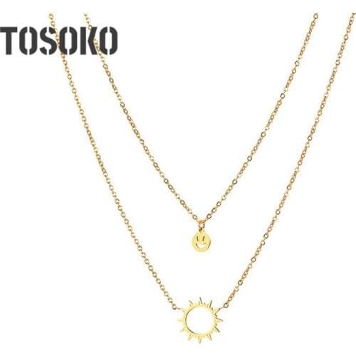 TOSOKO Stainless Steel Jewelry Sun Smiling Face Double Layered Necklace Womens Fashion Clavicle Chain BSP955