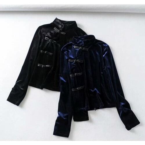 Vintage blouse casual black button up shirt women Chinese style velvet blouse for women stand collar velour shirt autumn 2020