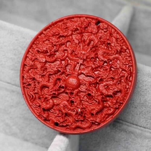 Vintage large round coin chinese synthetic red cinnabar fashion pendant carving ancient dragon jewelry accessories 56mm B1534