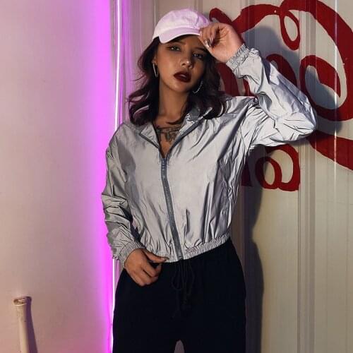 Female Short Jacket Reflective Windbreaker Hoodie Zipper Up Outfit Long Sleeve Solid Color Wild Fashion Coat Autumn Big Size