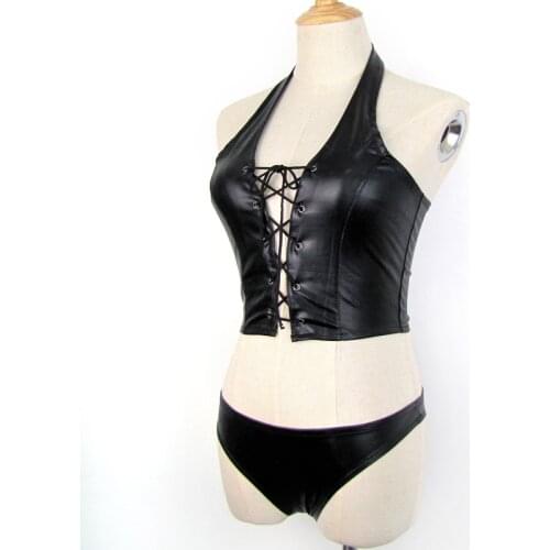 Women PU Faux Leather Halter Bras G-string 2 Pieces Lingerie Sets Adjustable Bandage Nightwear Lady Sexy Black Crop Tops Briefs