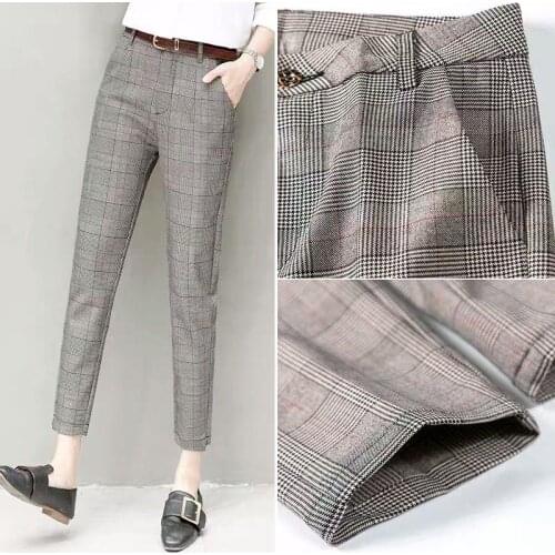 2020 Summer Autumn Office Lady Slim Pencil Pants Elegant Womens Formal Vintage Skinny Plaid Trousers Ankle Length Feet Pants