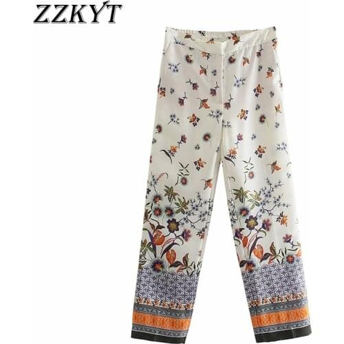 ZZKYT 2021 Women Spring Vintage Floral Print Straight Pants Fashion Elastic Waist Fly Side Pockets England Style Trousers Mujer