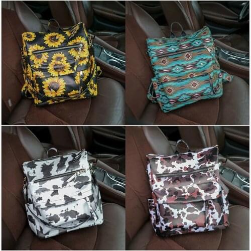 New Fashion Sunflower Printed Girl Book Backpack Large Capacity Pu Leather Leopard Shoulder Backpack Cow Pattern Travel Handbag