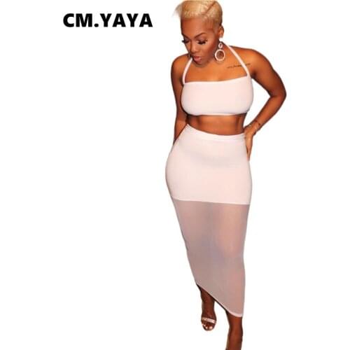 CM.YAYA Women Set Mesh Patchwork Halter Bandage Crop Tops Elastic Long Skirt 2 Piece Set Sexy Fashion Tracksuit Outfit Summer