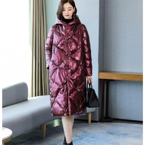 Cotton Quilt Female Long Section 2019 Winter New Loose Thick Hooded Bright Surface Cotton Coat Warm Cotton Jacket Coat Tide