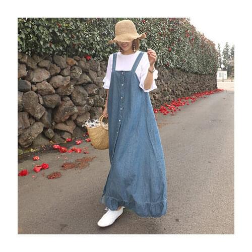 Johnature New Jeans Long Loose Ruffles Dresses 2021 Summer Women Clothes Casual Korean Plus Size Single-breasted Denim Dress