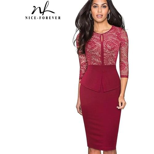 Nice-forever Autumn Elegant Lace Patchwork Dresses Business Party Bodycon Women Fitted Slim Dress B595