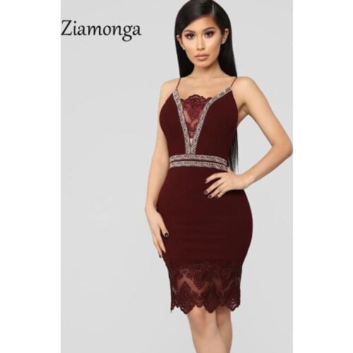Ziamonga Summer Dress 2019 Women Sleeveless Bodycon Dress Elegant Strap Lace Patchwork Knee Length Party Dresses Sexy Vestidos