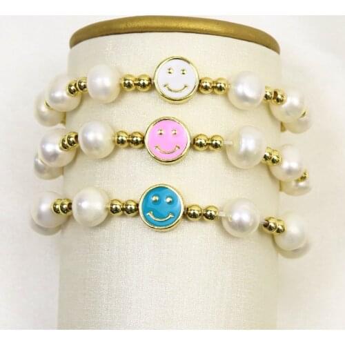 10 Pieces Handmade Gold bead Bracelet Enamel Face charms Pearls bracelet accessories bracelets for women jewelry 9915