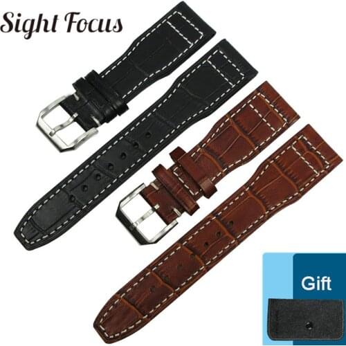 22mm High Quality Bamboo Grain Cowhide Real Leather Strap for IWC Mark Watch Band Replacement Bracelet Timezone Chronograph Belt